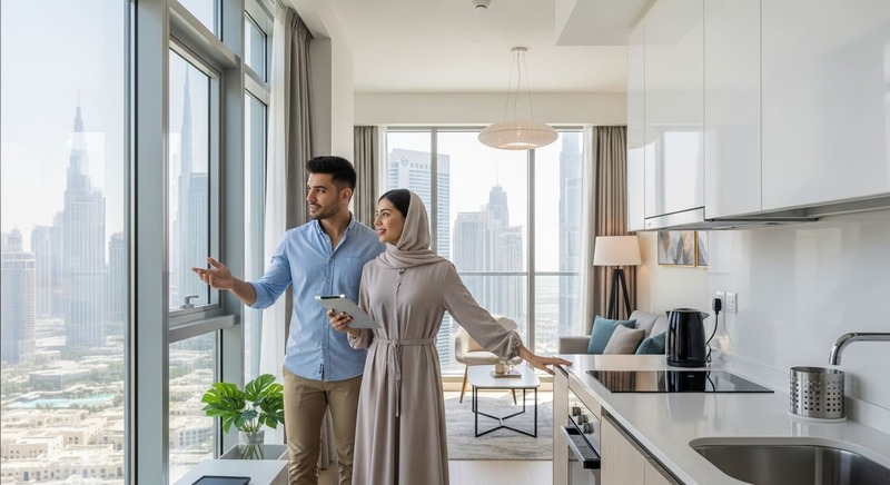 Couple inspecting a modern studio apartment in Arjan Dubai‍