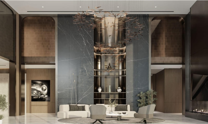 Luxury Dubai apartment lobby with double-height ceiling, natural light, and modern hospitality-inspired design