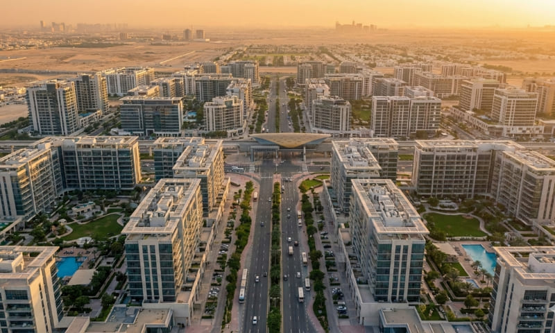 Aerial view of DLRC Dubailand showing modern residential towers and Metro Blue Line connectivity Dubai