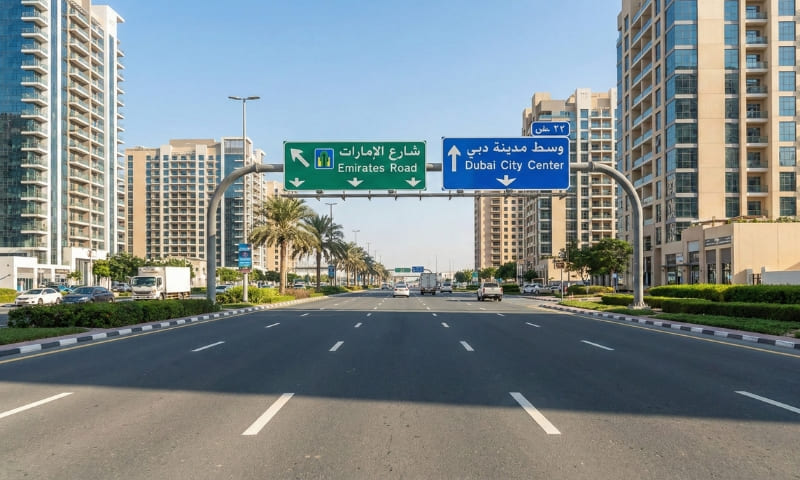 Wide modern road in DLRC Dubailand showing easy connectivity to Emirates Road Dubai