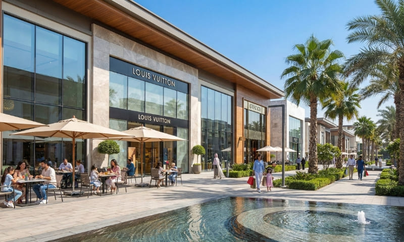 Modern shopping mall exterior in Dubai with families enjoying outdoor dining and retail experiences