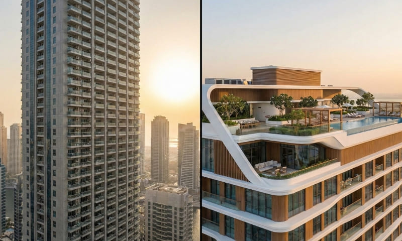 Boutique apartment building vs mega tower comparison showing architectural scale difference Dubai real estate