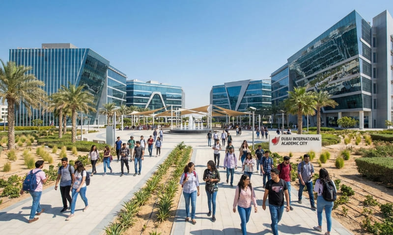 Dubai International Academic City campus with university buildings and students walking modern pathways