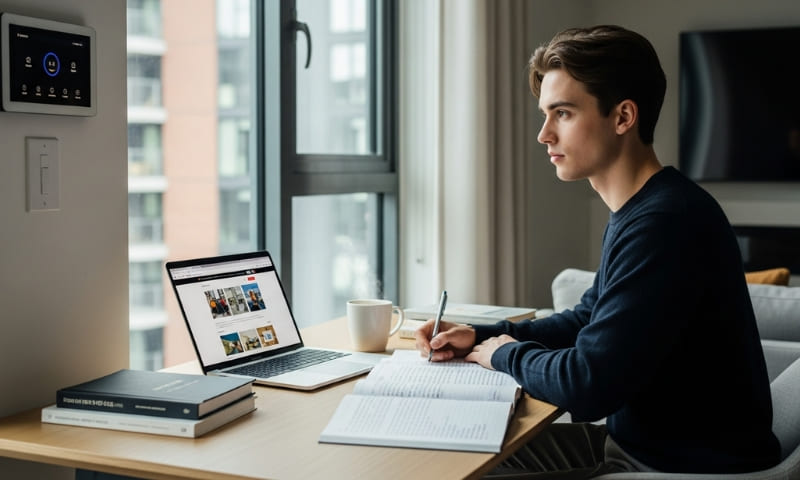 University student studying at home desk in modern Dubai apartment with laptop and smart home features