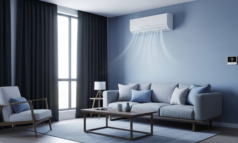 Dubai apartment living room with AC unit, blackout curtains blocking summer heat, modern cooling setup