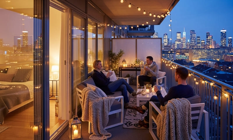 Dubai apartment balcony during winter with open doors, residents enjoying outdoor space, perfect weather