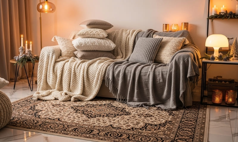 Dubai apartment interior showing seasonal decor changes with warm textiles, rugs, and cozy winter setup