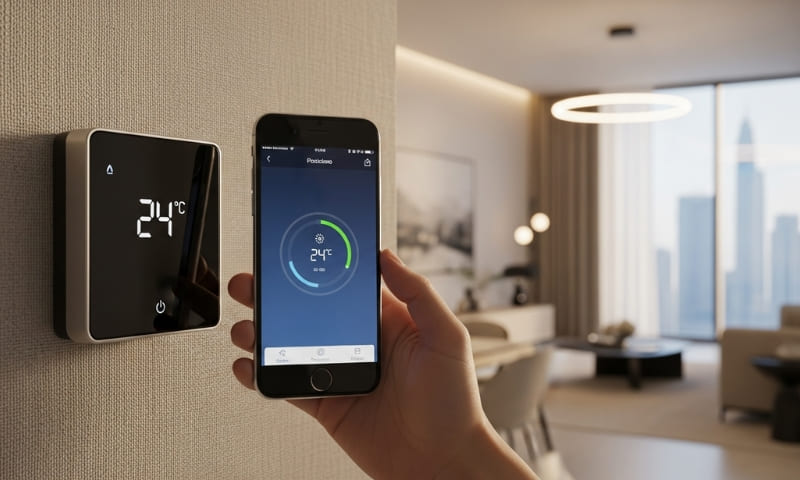 Smart thermostat and home automation system controlling Dubai apartment temperature and climate settings