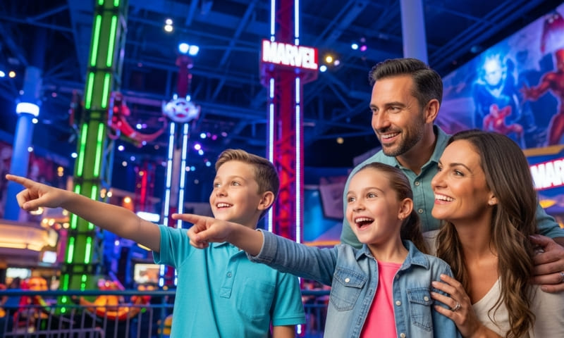 Family enjoying IMG Worlds of Adventure theme park rides near DLRC Dubai Dubailand dinosaur attractions
