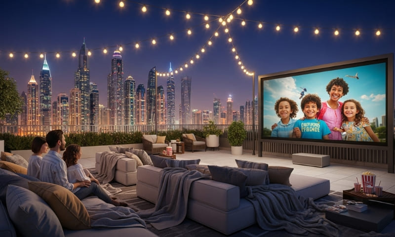 Rooftop outdoor cinema at Bond Living DLRC Dubai apartment building family movie night amenities
