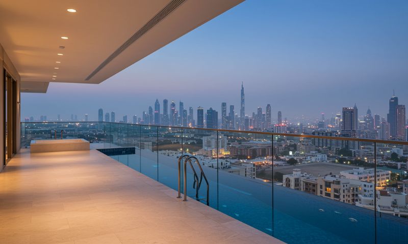 Luxury Dubai apartment balcony with private plunge pool glass railing Arjan city skyline views investment