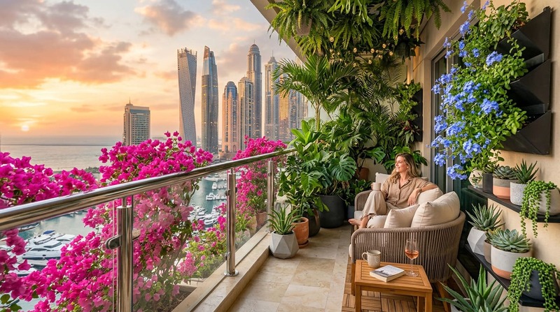Dubai apartment balcony heat-resistant plants Bougainvillea Plumbago creating natural shade micro-climate cooling