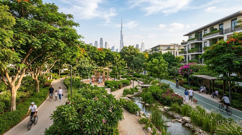 Dubai Hills Estate green spaces parks mature trees community planning natural cooling climate-optimized living
