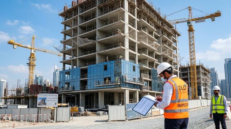 Dubai off-plan construction site Arjan showing building progress DLD inspection milestone verification escrow protection