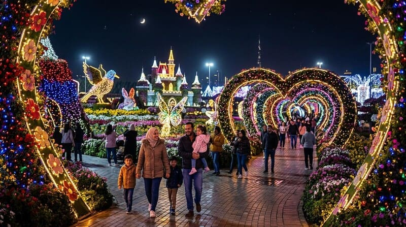 Dubai Miracle Garden colorful flower displays Arjan neighbourhood proximity tourism attraction short-term rental driver
