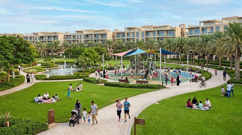 Arjan Dubai family-friendly community park modern low-rise residential buildings green spaces suburban lifestyle