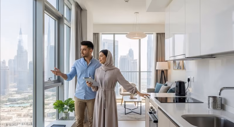 Couple inspecting a modern studio apartment in Arjan Dubai