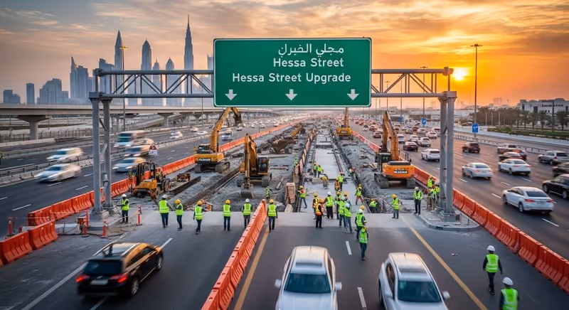 Hessa Street upgrade works showing road expansion in Dubai