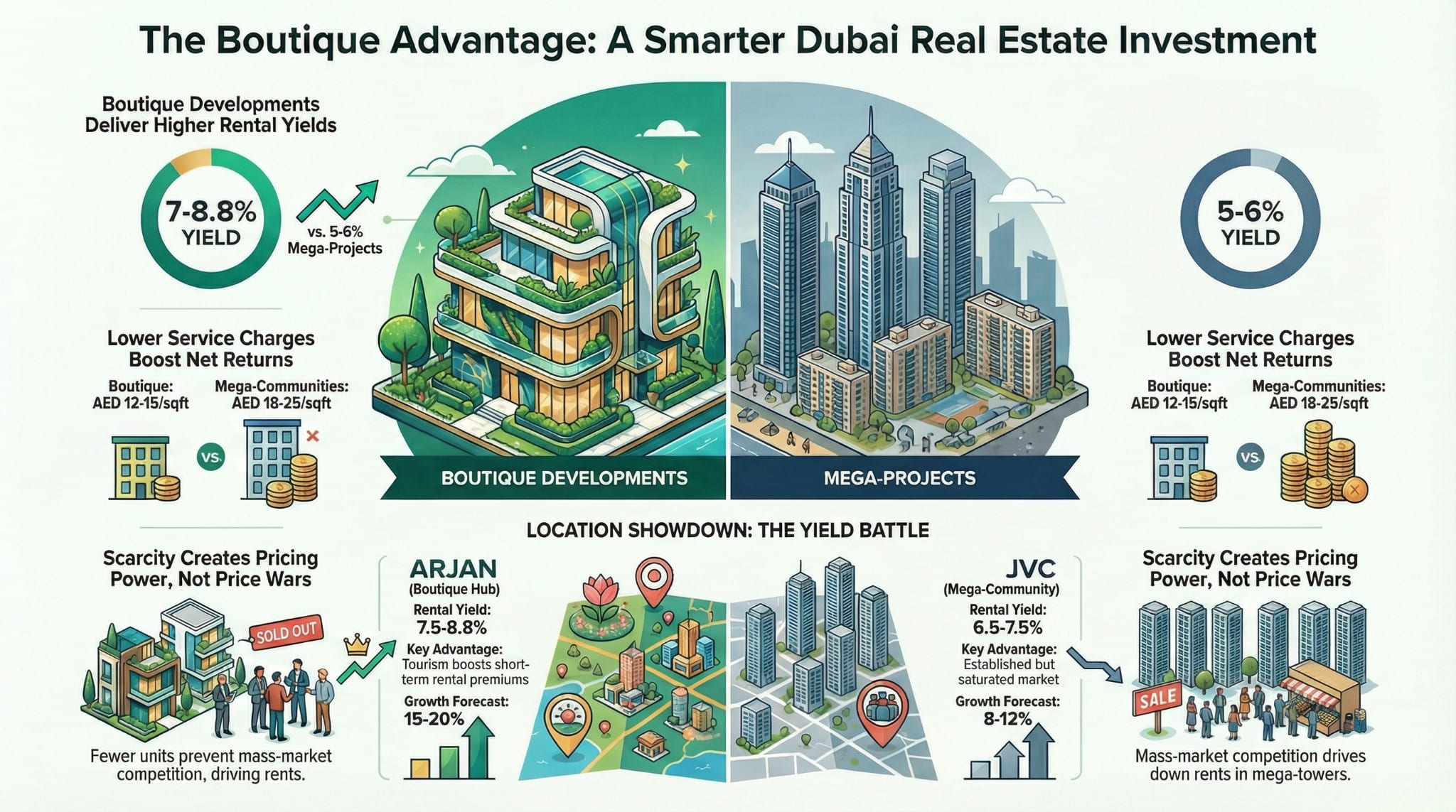 Boutique vs mega-project Dubai comparison infographic: 7-8.8% yields, lower service charges, Arjan vs JVC analysis