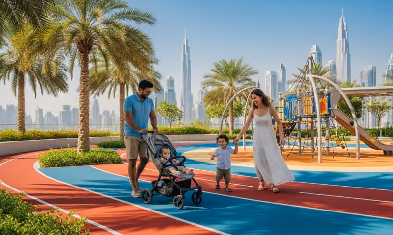 Happy family enjoying modern amenities in DLRC Dubai residential community outdoor spaces