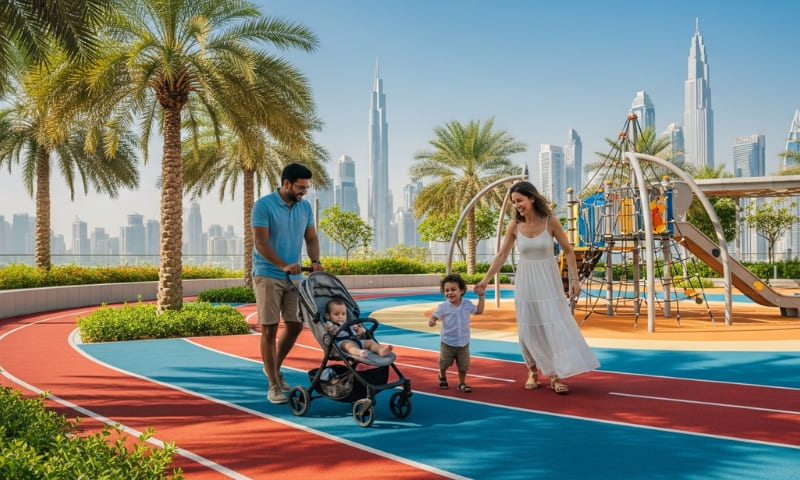 Happy family enjoying modern amenities in DLRC Dubai residential community outdoor spaces