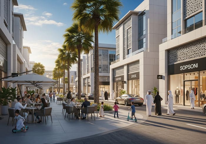 Families enjoying outdoor cafés and boutique shopping in a Dubai residential community