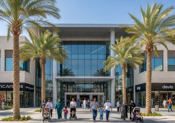 Modern mid-sized community mall in Dubai with palm trees and families entering retail shops