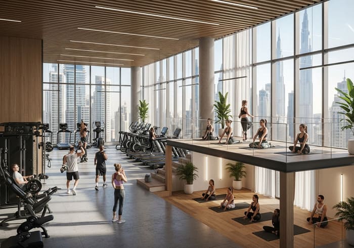 Modern gym and yoga studio in Dubai with people exercising in a bright, spacious environment