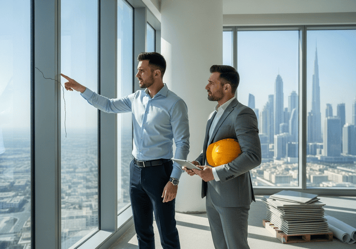 Dubai buyer conducting snagging inspection before handover, checking walls, lighting and fixtures for quality issues