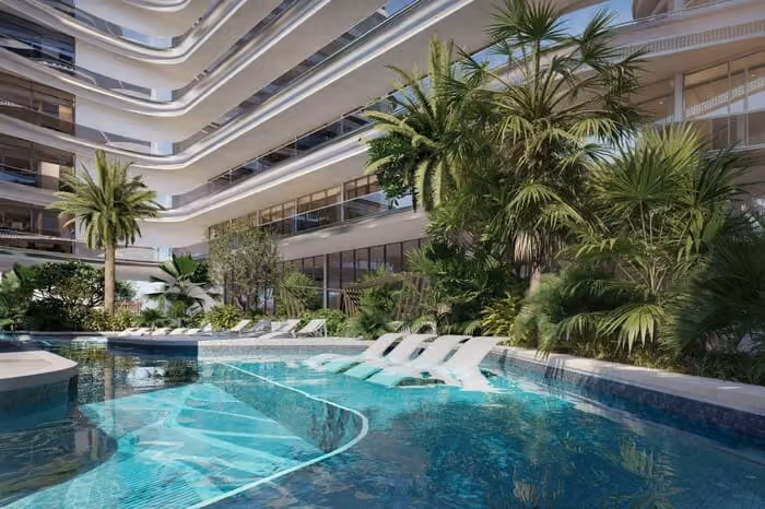 Rooftop infinity pool at Bond Enclave residential project in Arjan Dubai with skyline views and luxury leisure setting