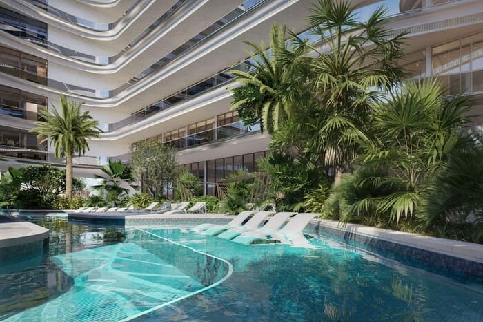 Rooftop infinity pool at Bond Enclave residential project in Arjan Dubai with skyline views and luxury leisure setting