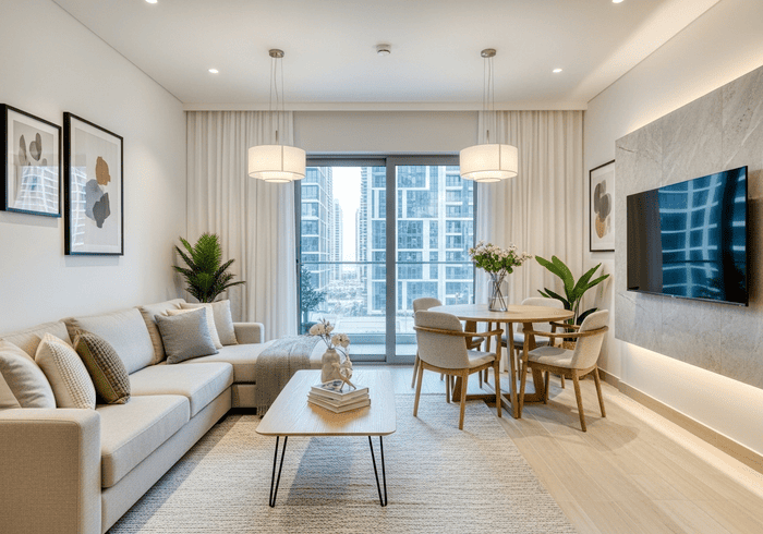 Stylish interior of a 1 BHK apartment in Arjan Dubai with smart lighting and contemporary furniture in neutral tones