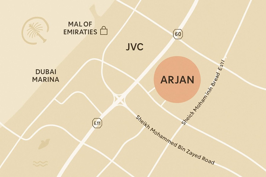 Map showing Arjan Dubai's location and connectivity to Mall of the Emirates, Marina, and Downtown.