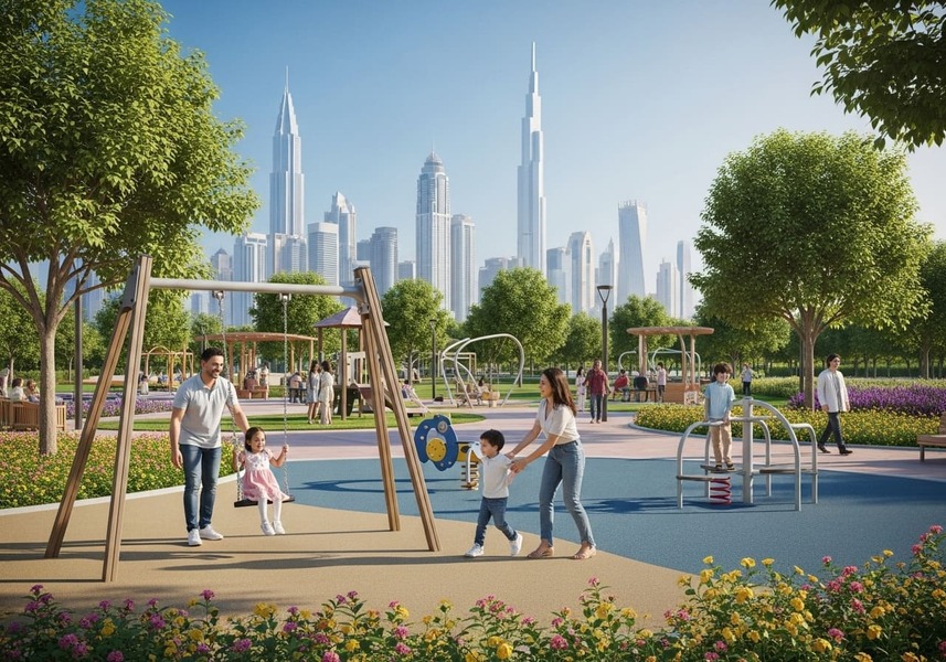 Family enjoying parks and leisure amenities in Arjan Dubai with skyline in the distance.