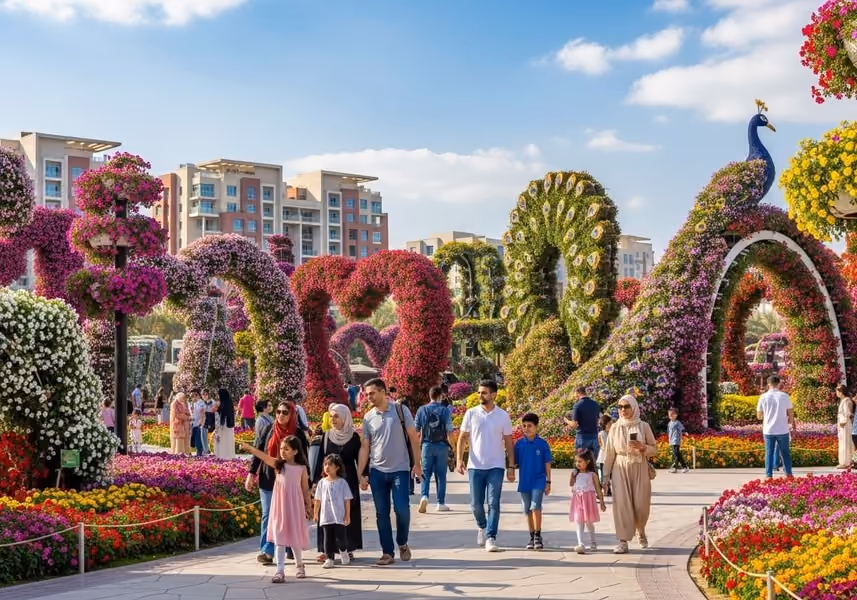 Dubai Miracle Garden near Arjan offering colorful floral displays and outdoor leisure activities.