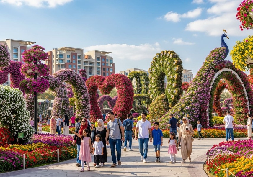 Dubai Miracle Garden near Arjan offering colorful floral displays and outdoor leisure activities.