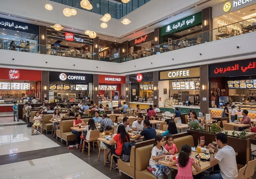 Food court near Arjan Dubai featuring popular fast-food outlets and cafés for casual dining.