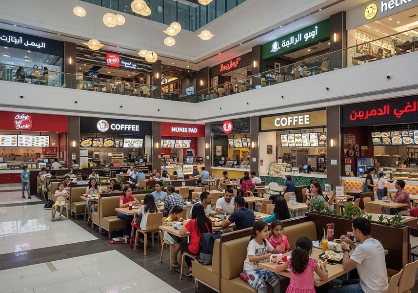 Food court near Arjan Dubai featuring popular fast-food outlets and cafés for casual dining.