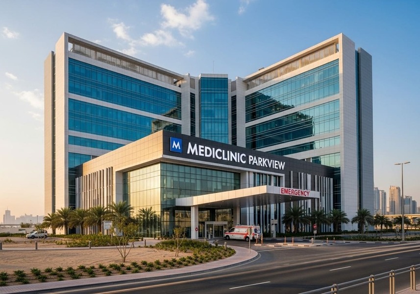 Mediclinic Parkview Hospital located near Arjan, offering 24/7 emergency and specialist healthcare services.