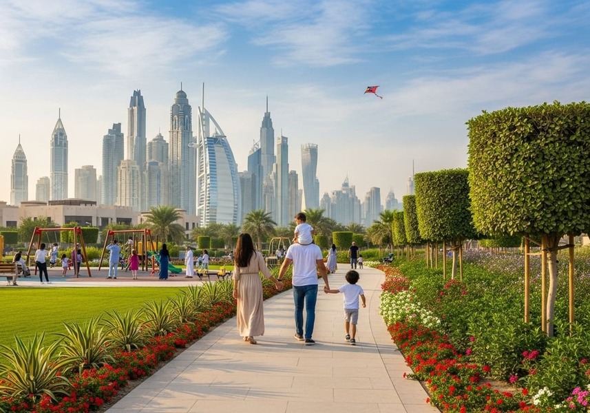 Families enjoying green spaces and community parks in Arjan Dubai, highlighting its family-friendly lifestyle.