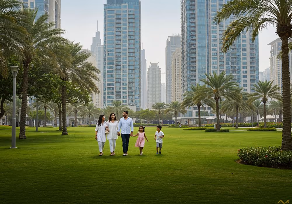 Family walking in park by Arjan residential tower, Dubai