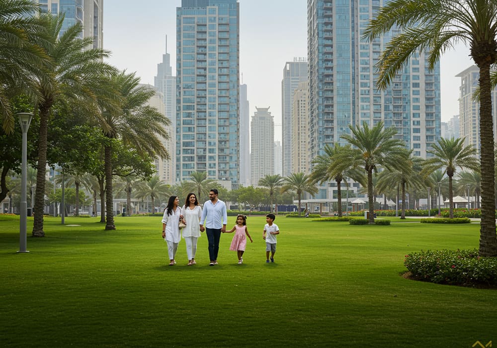 Family walking in park by Arjan residential tower, Dubai