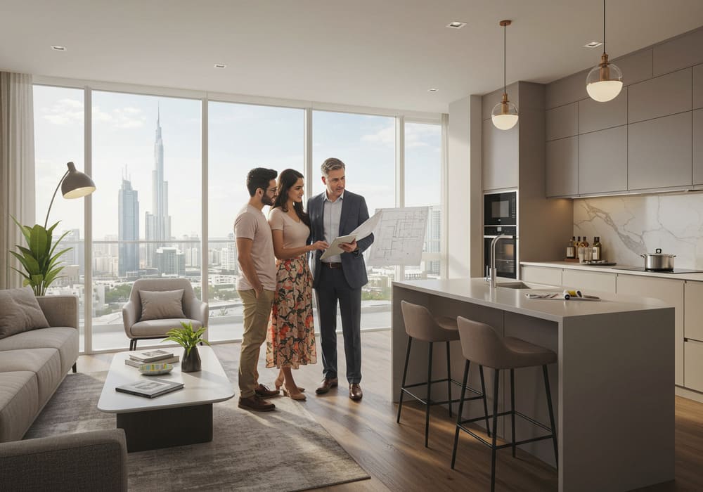 Couple viewing off-plan show apartment in Arjan with agent