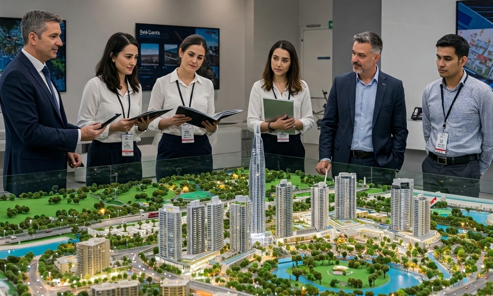 Real estate team analyzing a model of new Dubai development project