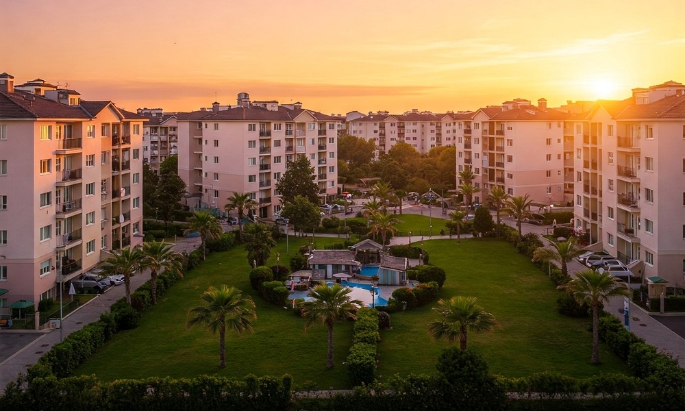Sunset over mid-rise residential community in a growing Dubai suburb