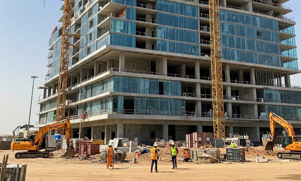 Under-construction property project with workers on-site in Dubai