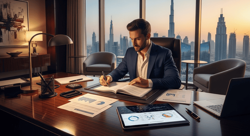 Investor reviewing Dubai property investment documents with skyline view in luxury office