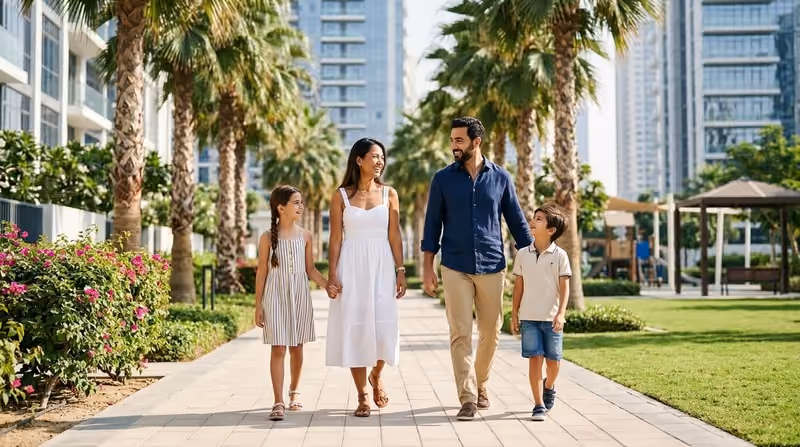 Expat family enjoying Dubai luxury residential community park golden visa lifestyle security long-term residency