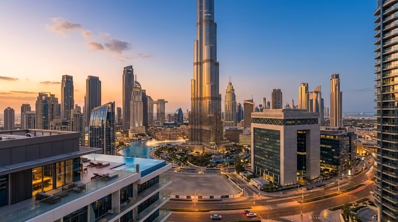 Dubai skyline Burj Khalifa showing tax-free lifestyle golden visa financial benefits zero capital gains income tax