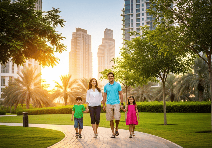 Family enjoying park in JVC Dubai with Circle Mall and residential towers in the background, highlighting community lifestyle